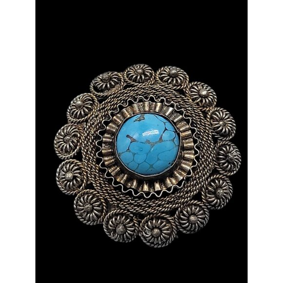 Faux Turquoise Silver Plated Brooch Pendant Blue Glass Filigree Setting Vintage - Picture 3 of 16